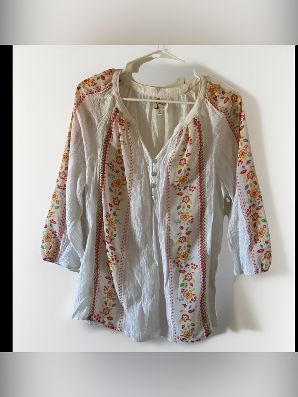 Fig & Flower Anthropologie Embroidery Print Peasant Top Sz L White Boho Cottage